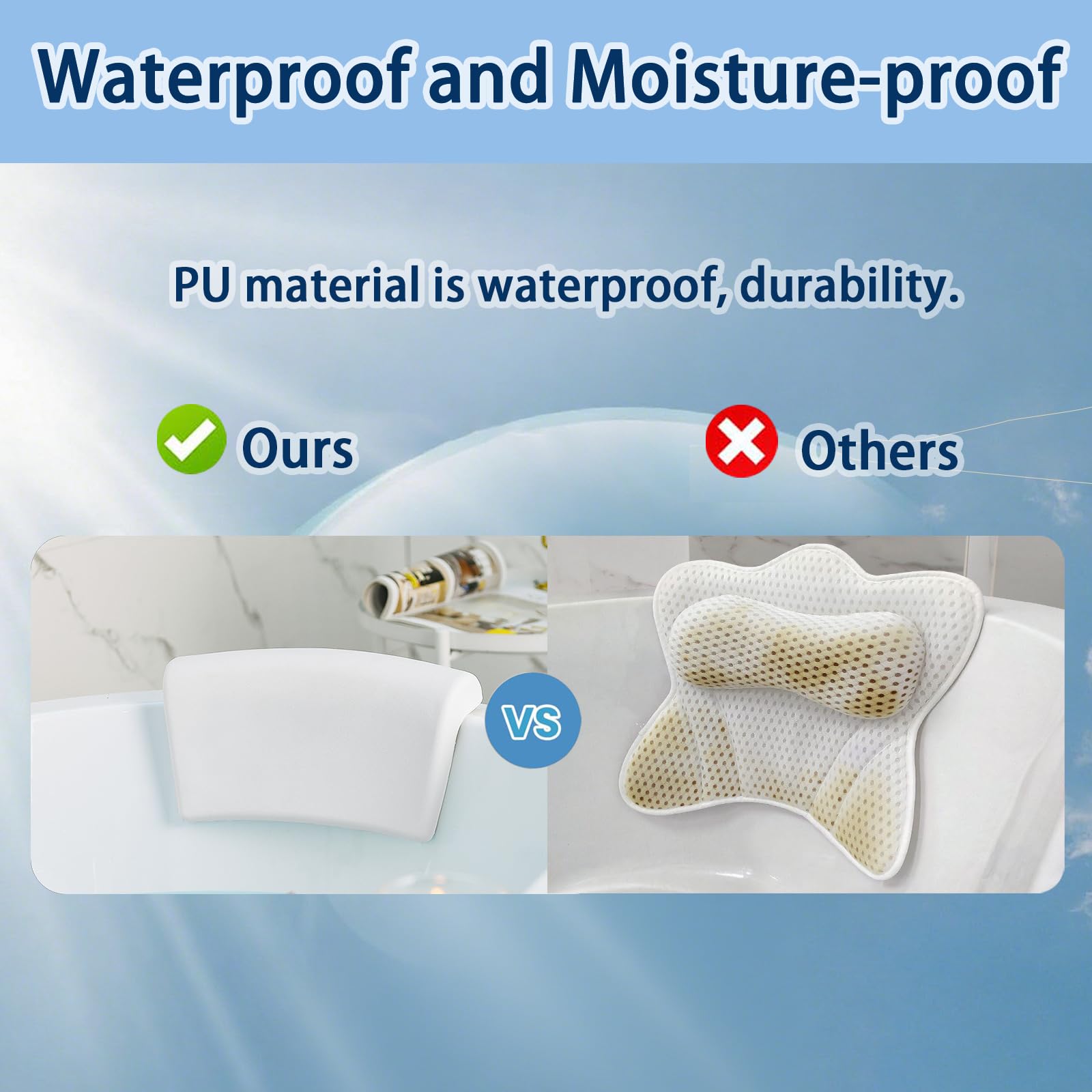 Guluto Bath Pillow, Bath Pillows for Tub with Head, Neck and Shoulder Support, Ergonomic Waterproof Bathtub Pillow with Strong Non-Slip Suction Cups, Relaxing Spa, Hot Tubs, Bathroom Essentials White