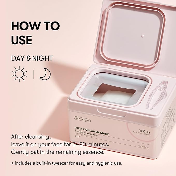 VT COSMETICS CICA Collagen Daily Mask, 30 Sheet Masks with 300Da Low Molecular Collagen, CICA, Hyaluronic Acid & Niacinamide, Hydrating Firming Face Mask for Plump Skin, Korean Skincare