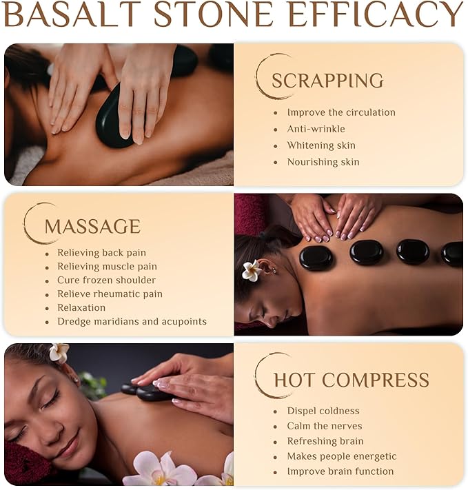 HDYAR Hot Stones Massage Set - 6 Large Oval Basalt Hot Stones Massage Kit, 2.36 * 3.15 Inch Hot Rocks Massage Stones for Professional or Home SPA, Relaxing, Healing, Pain Relief