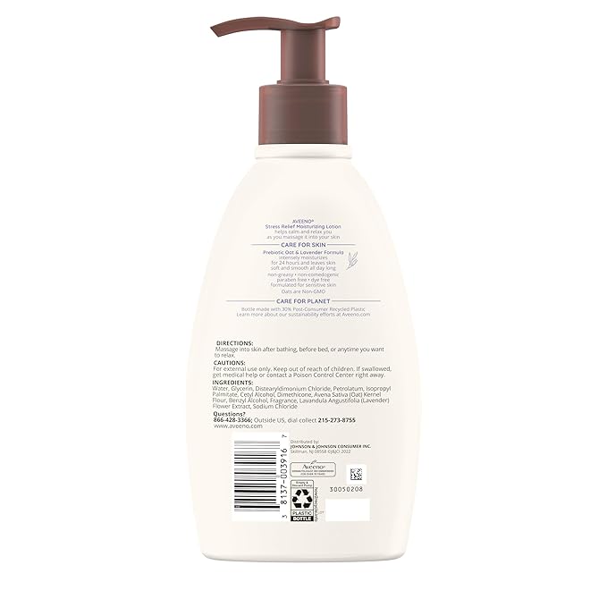 Aveeno Stress Relief Moisturizing Body Lotion with Prebiotic Oat & Lavender Scent for Sensitive Skin, Calms & Relaxes with 48 Hour Hydration, Fast Absorbing & Non-Greasy, 12 fl. oz