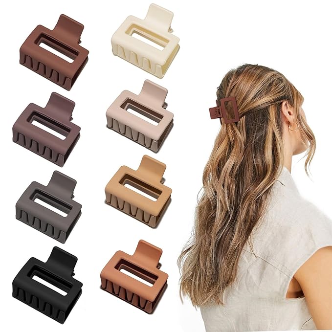 Cobinaan Medium Matte Rectangle Claw Hair Clips for Women Girls, 2 x 1 x 1.8 inch, 8pcs Warm Color, Nonslip Hair Jaw Clips for Thin/Medium Thick Hair