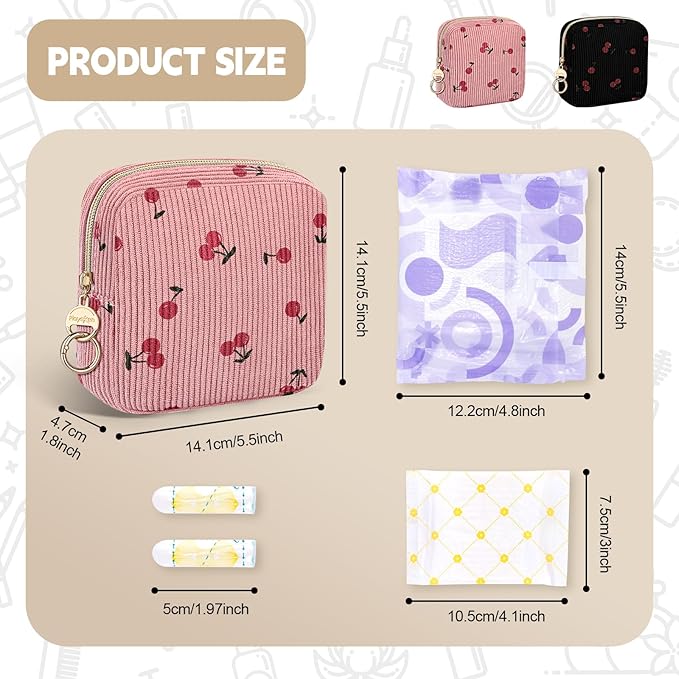 Period Bag for Teen Girls, Corduroy Cherrys Sanitary Napkin Storage Bag, Cute Menstrual Pad Pouch Tampon Holder for Purse (Cherry-Black)