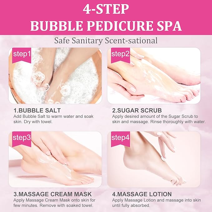 nbc BeautiLab Pedicure Kit Foot Soak Set: Bubble Salt, Sugar Scrub, Massage Mask, Massage Lotion in a Box, 4 Step Foot Spa Kit for Dry Feet, Softens Calluses, Soothes Sore, Tired Feet（3 Set Rose