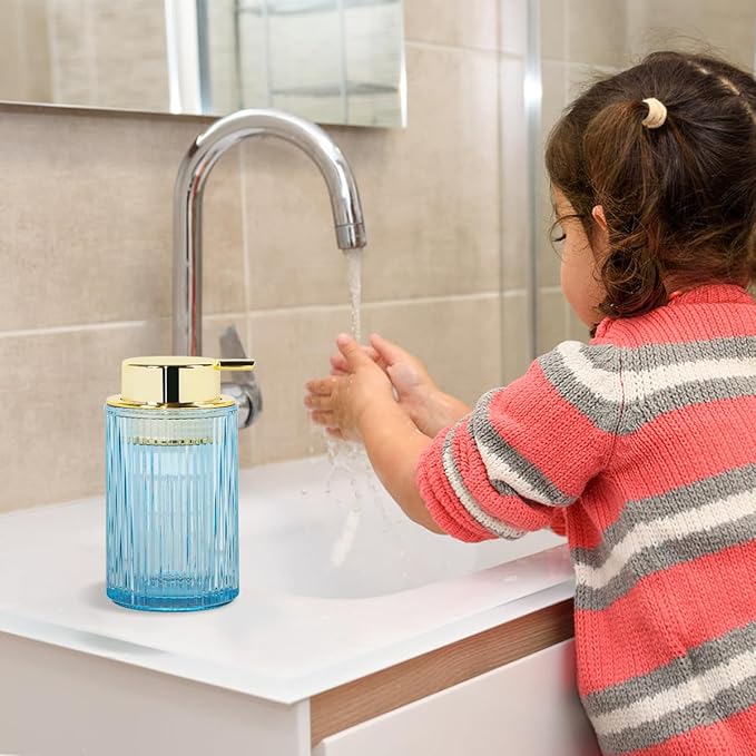 Tonxus Foaming Soap Dispenser, 12 Oz Blue Glass Foam Hand Soap Dispenser, Refillable Glass Foam Pump Bottle Container Decorative Slim Ribbed Bottle for Bathroom and Kitchen