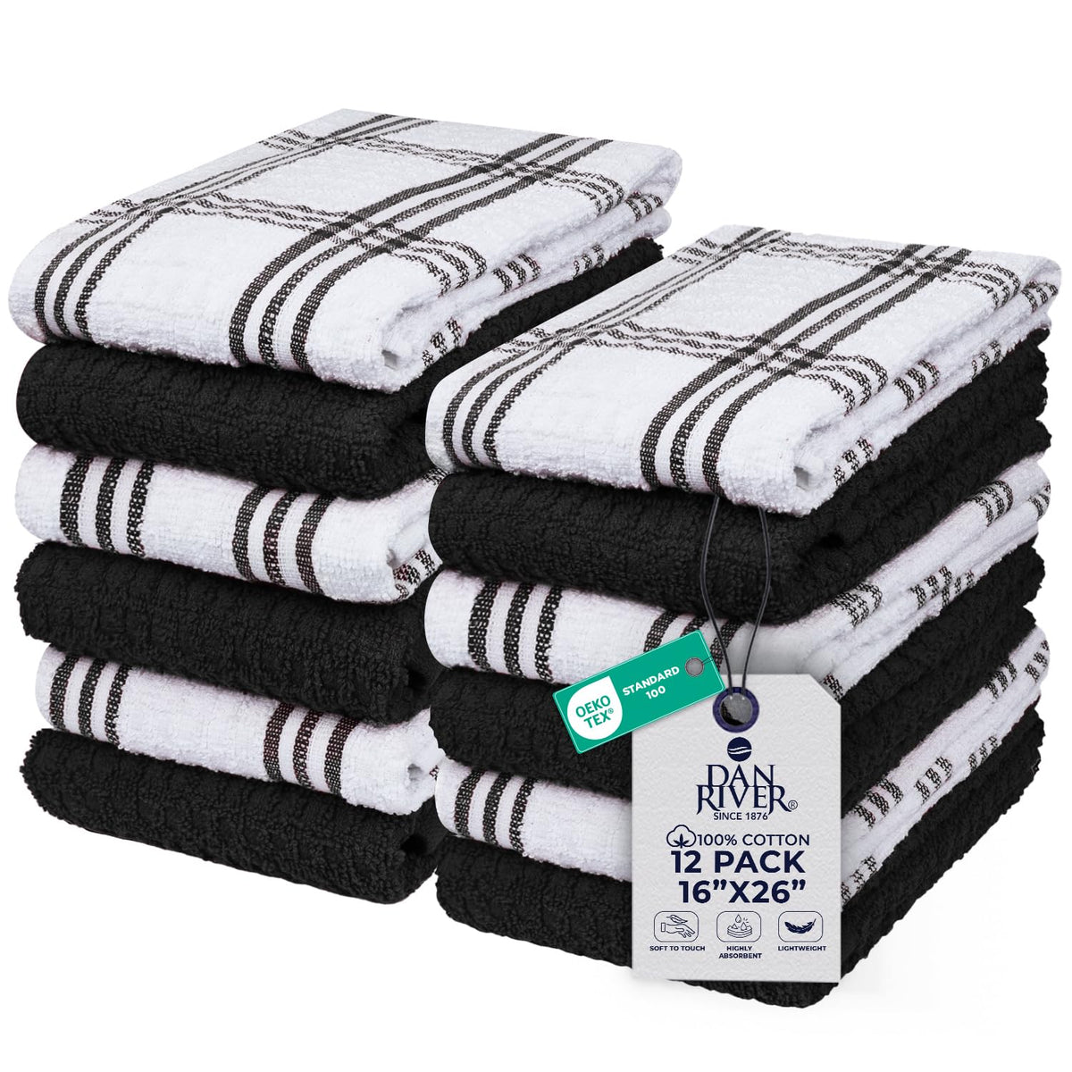 DAN RIVER Gray Kitchen Towels, 12 Pack, 16x26 Inches Absorbent Dish Towels