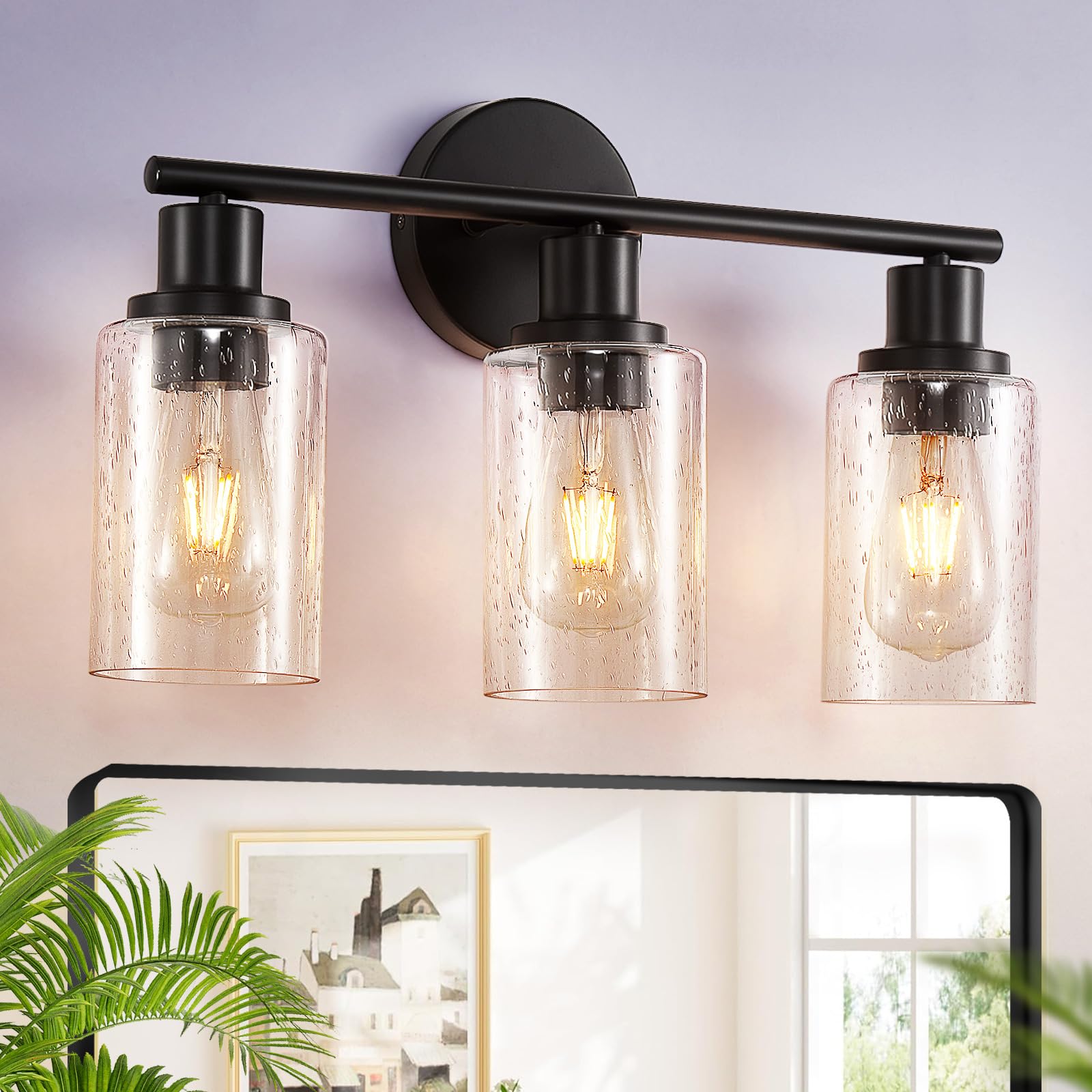 DLLT 3-Light Bathroom Light Fixtures: Black Modern Vanity Lights with 3 E26 Bulbs - Bubbled Glass Shade Bathroom Wall Lamp for Mirror Kitchen Living Room Hallway Cabinet Porch