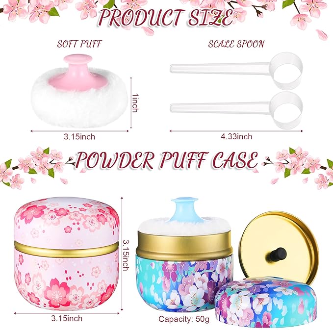 Chengu 2 Sets Body Powder Puff and Container, 2 Soft Puffs 2 Spoon and 2 Dusting Loose Powder Container for Baby Women Home and Travel Use