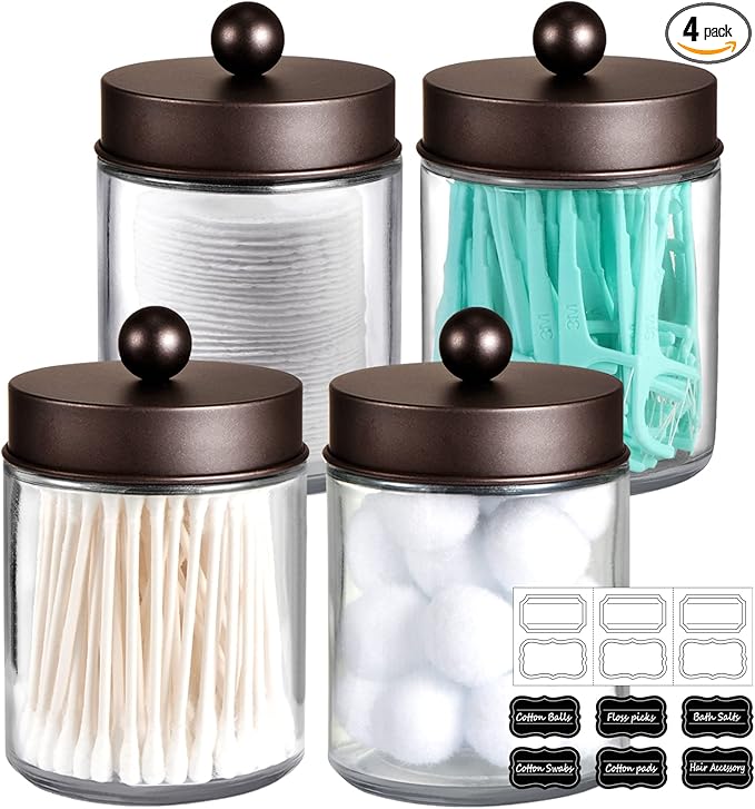 Amolliar Green Glass Apothecary Jar, Qtip Holder Bathroom Decor Gold 4 Pack