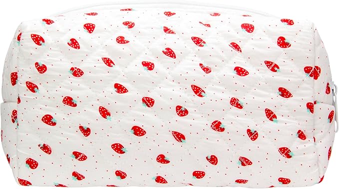 PAZIMIIK Small Quilted Makeup Bag,Zipper Cosmetic Pouch,Strawberry