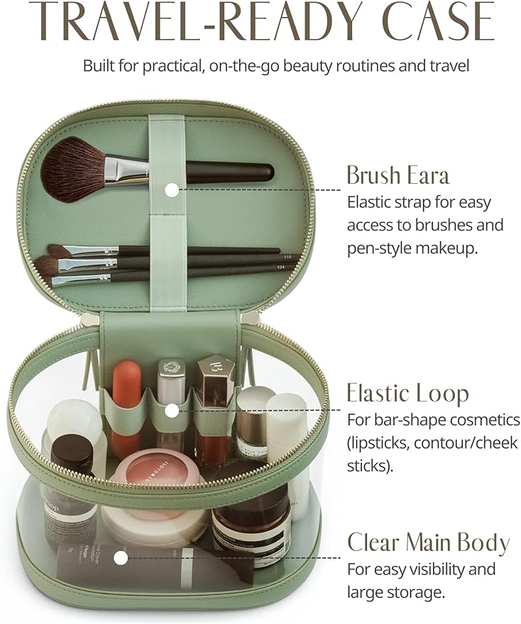 Popvibe Travel Makeup Case Clear Vanity Bag with Brush Holder, Compact Leather Train Case Sage Green Make Up Bag Storage Organizer Luxury Cosmetic Case Travel Essentials Cute Portable with Handle