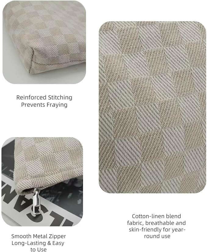 RIKMOXR 2-Pack Beige Checkered Makeup Bag Set - Large Capacity Cosmetic Organizer Pouch | Travel Toiletry Bag for Women Girls