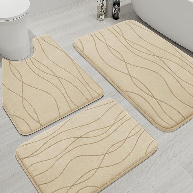 YIHOUSE Bathroom Rugs Set 3 Piece, Memory Foam Bath Mat Khaki
