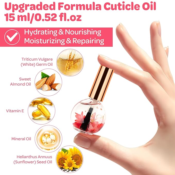 JIASHENG Cuticle Oil, Strawberry Nail Oil Infused with Real Flowers 15ml