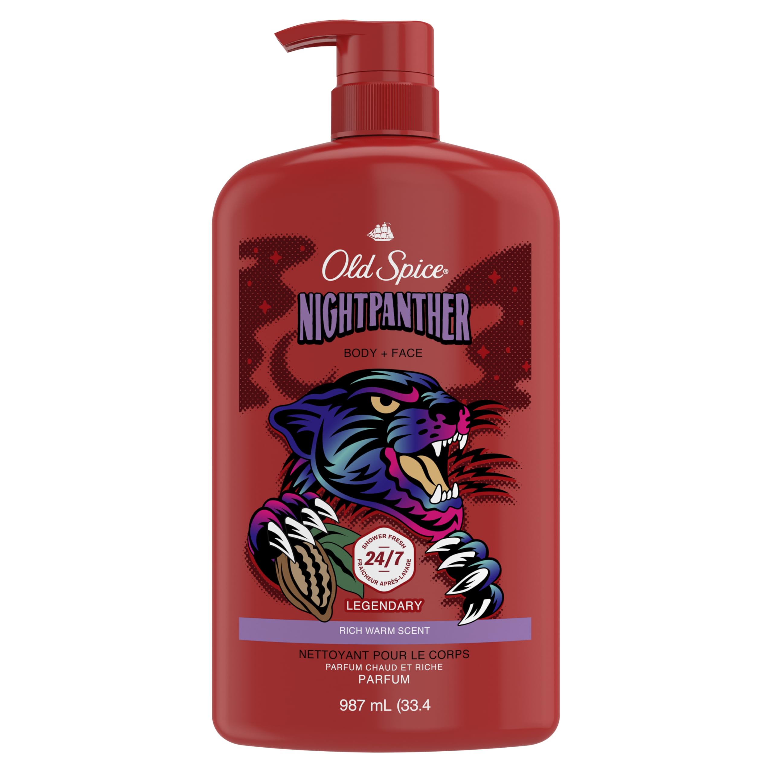 Old Spice Cleansing Body Wash for Men, 3X Defense, 24/7 Shower Fresh with Lasting Scent, 2 in 1 Body and Face Wash, Daily Men’s Wash and Shower Gel, NightPanther Rich Warm Masculine Scent, 33.4 oz
