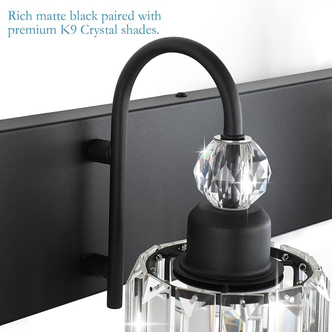 Ralbay Modern Crystal Black 5-Light Bathroom Vanity Light, Matte Black Crystal Bath Wall Light Fixtures
