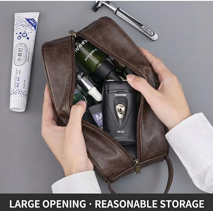 Men’s Toiletry Bag - Vintage PU Leather Kit for Travel - Water-Resistant Shaving Bag,Compact Pouch Gift for Husband, Dad (Brown)