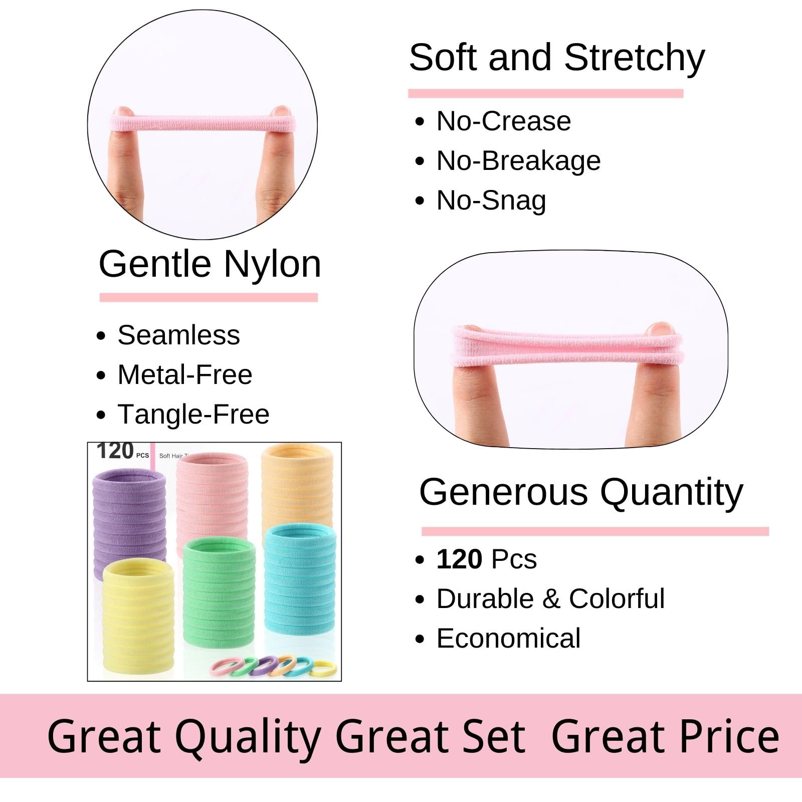 LuSeren 120 Pcs No Damage Thick Hair Ties, Large Soft Seamless Nylon Cloth Hair Elastics for Women, Light Color
