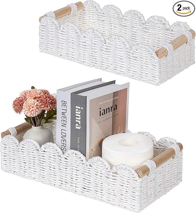 CubesLand Toilet Paper Storage Basket, Scalloped Edge Shelves Basket for Organizing for Over Toilet Tank Storage, Home Decor Baskets for Shelf, Countertop, Living Room, Bedroom, Handwoven, White