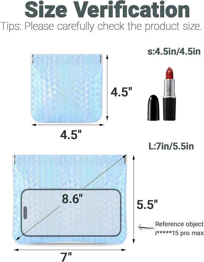 MXXUUOOM 2 Pack Small Makeup Bag for Purse Leather Cosmetic Pouch Organizer, Snap Closure Holographic Woven Makeup Bag, Mini Lipstick Coin Pouch, Travel Makeup Organizer for Women blue