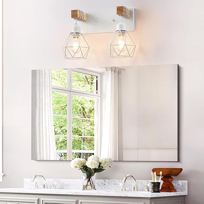 White Bathroom Vanity Light Fixtures, 2-Light Wood Bathroom Light Fixtures Over Mirror, Rustic Sconces Wall Lighting with Elegant Metal Lampshade for Living Room, Bedroom, Hallway