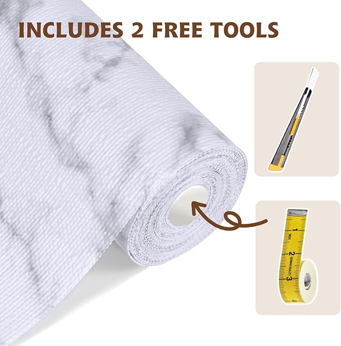 Shelf Liners for Kitchen Cabinets 17in x 30FT, Non Adhesive Drawer Liner Marble Pattern Thickened Shelf Liner Non-Slip Easy to Clean for Tool Box Refrigerator with Knife and Tape Measure