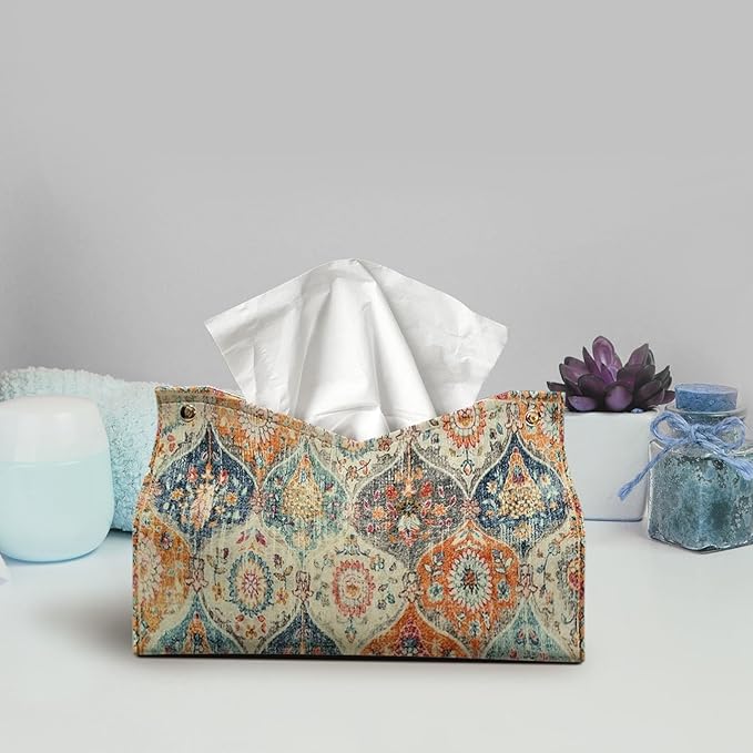 Boho Tissue Box Cover Rectangle, Orange Tissue Box Decorative Vintage Boho Decor Tissue Holder, Farmhouse PU Leather Cottagecore Decor for Bathroom Kitchen Desk 9.8x5.9x5.9