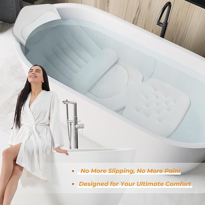 Bath Pillow for Tub, Full Bath Cushion for Tub with 192 Strong Suction Cups, Ergonomic Bathtub Pillow for Neck Back Legs, Soft Air Mesh Quick Drying Spa Bath Pillow Fits All Bathtub Types, White