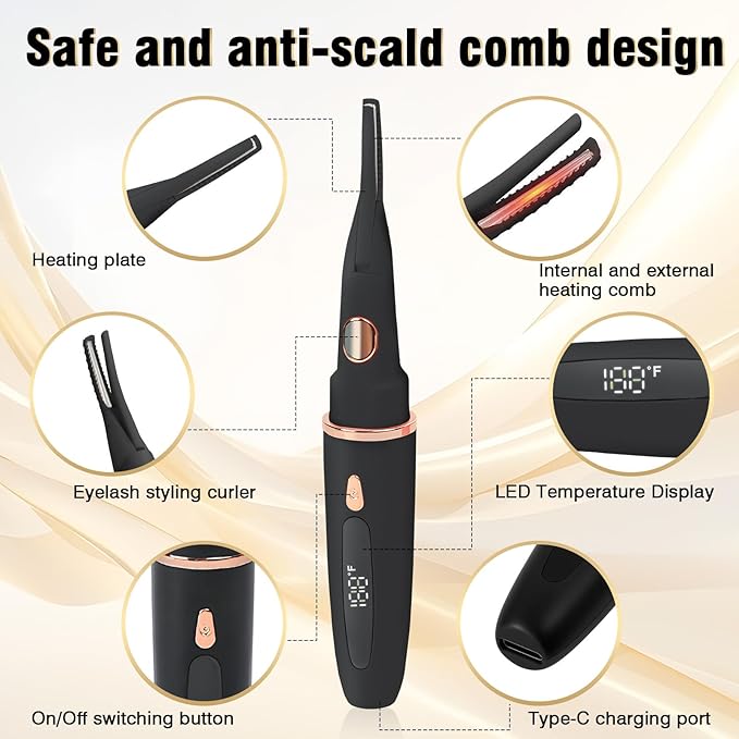 USB-Rechargeable Heated Eyelash Curler with LED Display - 3 Temp Settings, Mini Design, Safe Curling for Long-Lasting Natural Lashes