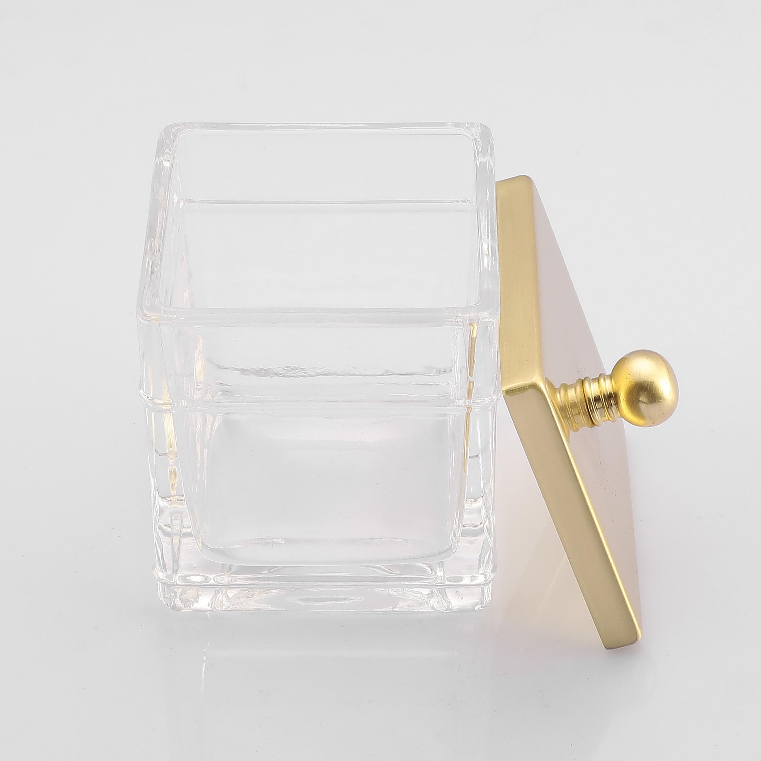 Indecor Home Glass Cotton Jar Holder 2 Pack– Brushed Gold Lid, Elegant Bathroom Storage Canister for Qtips, Cotton Balls, Floss, Makeup Organizer, Vanity & Bathroom Organization