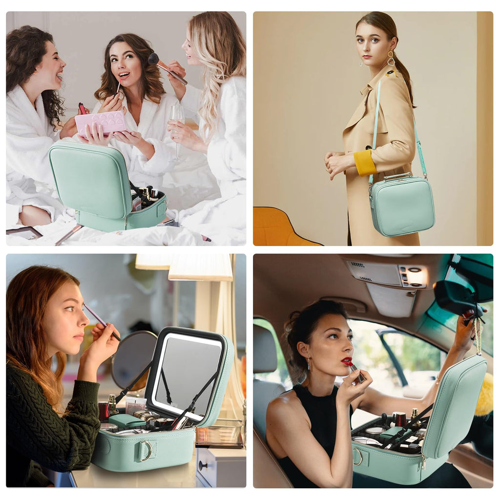 Mocado Travel Makeup Bag with LED Lighted Mirror, Travel Makeup Organizer, Makeup Case with 3 Color Lighted Setting and 10x Magnifying Mirror, Portable Storage and Adjustable Dividers (Powdery Green)