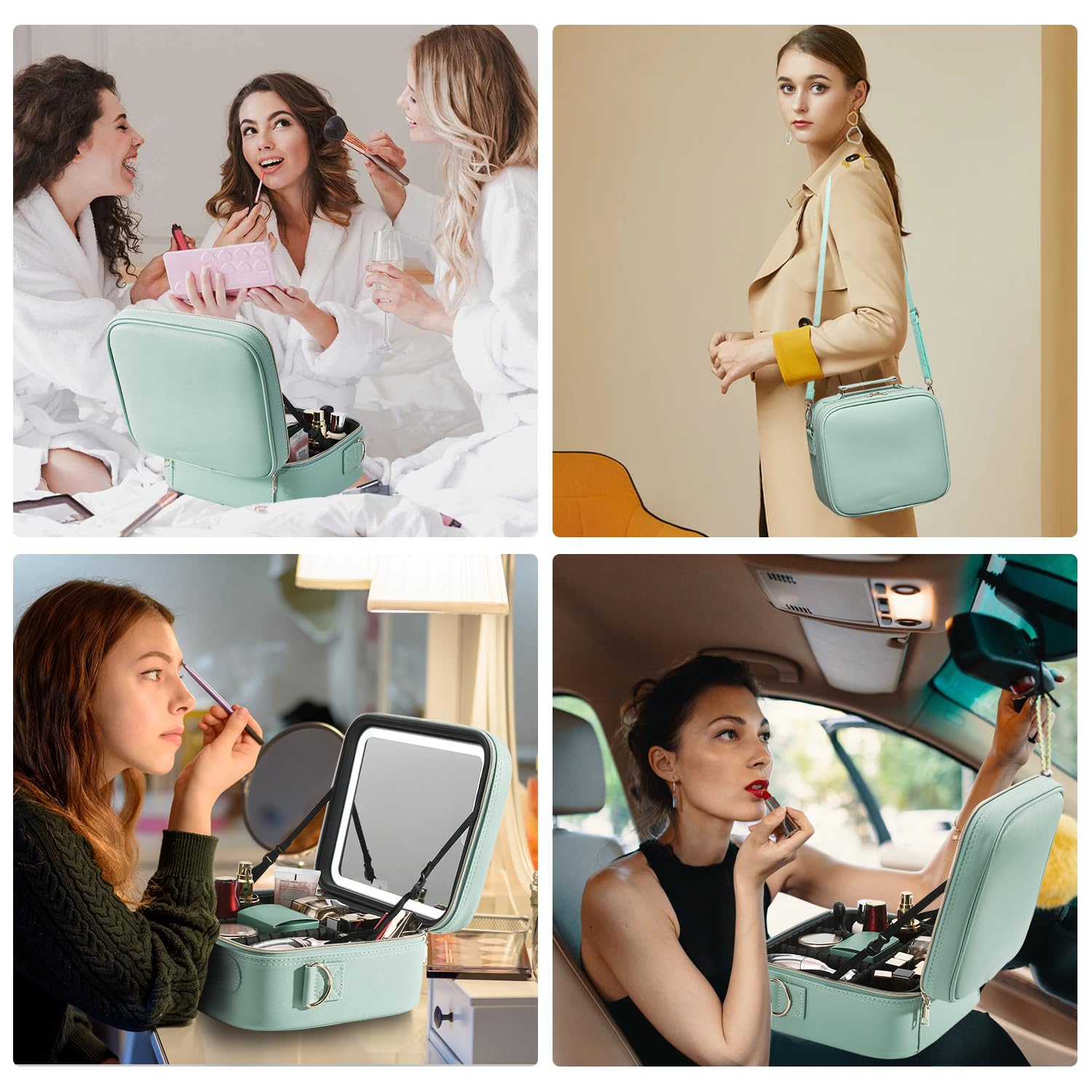 Mocado Travel Makeup Bag with LED Lighted Mirror, Travel Makeup Organizer, Makeup Case with 3 Color Lighted Setting and 10x Magnifying Mirror, Portable Storage and Adjustable Dividers (Powdery Green)