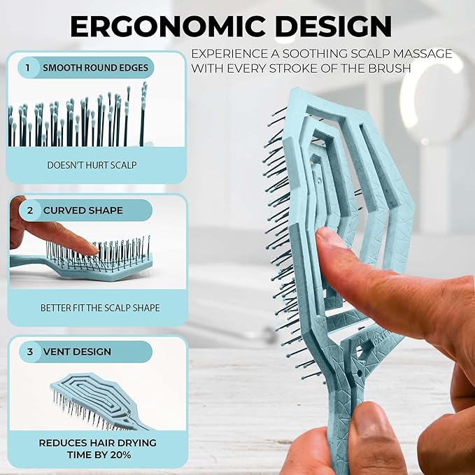 Detangler Brush for Women, Men & Kids - Anti-Static Hair Brush - Vented with 360 Flex Gently Removes Knots, Dry & Wet Use for Thick, Fine, Natural & Curly Hair