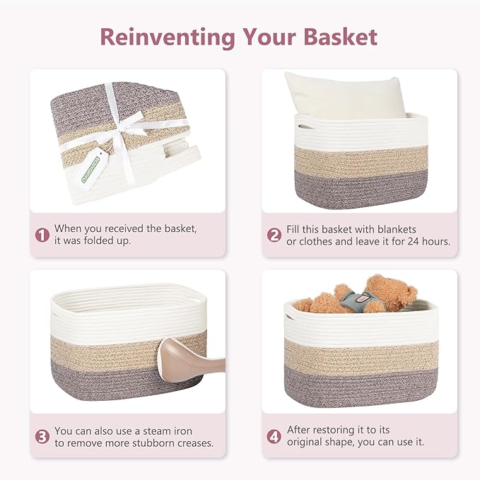 Cotton Rope Shelf Storage Basket, 15x10x9 in, Shelf Storage Baskets for Clothes, Towels, Books, Laundry (White/Pink, 2 Pack)