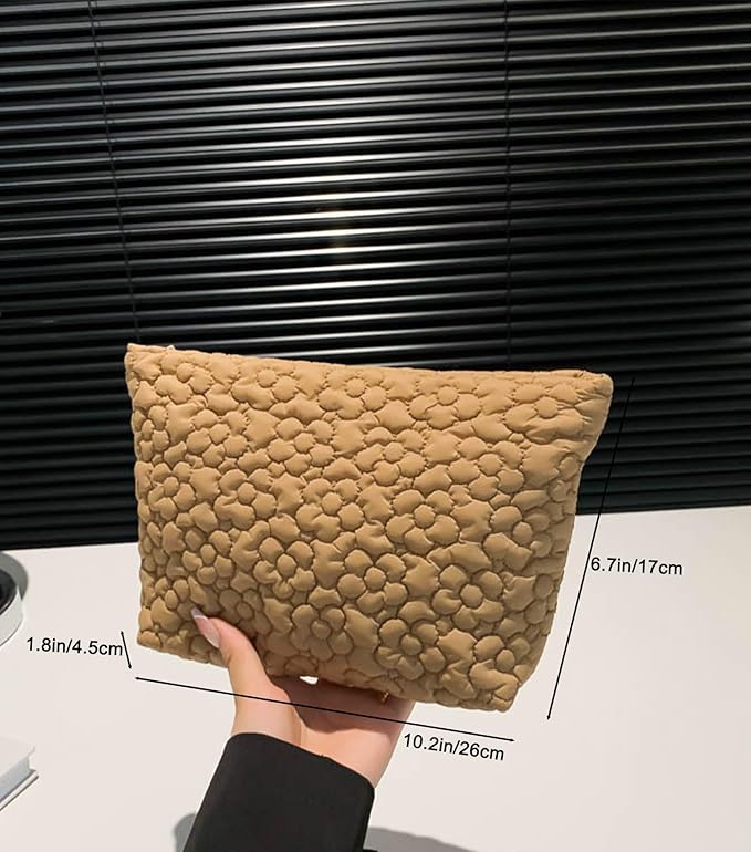 HFLZBRO Puffy Quilted Makeup Bag, Cosmetic Bag, Travel Toiletry Organizer Pouch, Clutch for Wom (Khaki Flower)