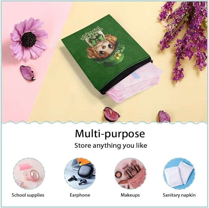 Spring Green Print Period Bag with Zipper Artsy Cute Dog Sanitary Napkin Storage Bag for Active Women Leak-Proof Menstrual Organizer for Sports & Outings