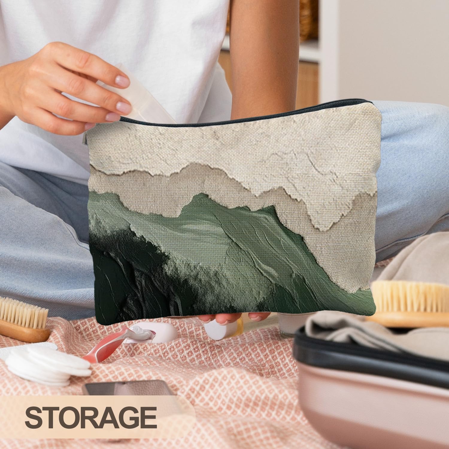 RYYCDOI Abstract Sage Green Beach Makeup Bag, Modern Ocean Waves Beachy Cosmetic Bags for Women, Gifts for Beach Lovers, Minimalist Beige Ocean Aesthetic Zipper Makeup Pouch