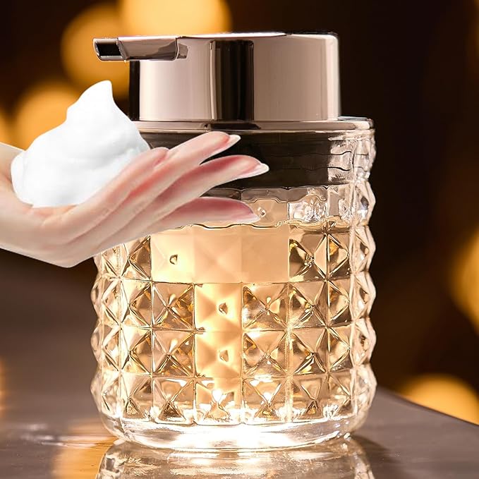 CICUFY Foaming Hand Soap Dispenser, Glass Foam Soap Dispenser or Lotion Dispenser for Kitchen & Bathroom Refillable Clear Glass Liquid soap Dispenser with Large Silver Pump-1 Pack