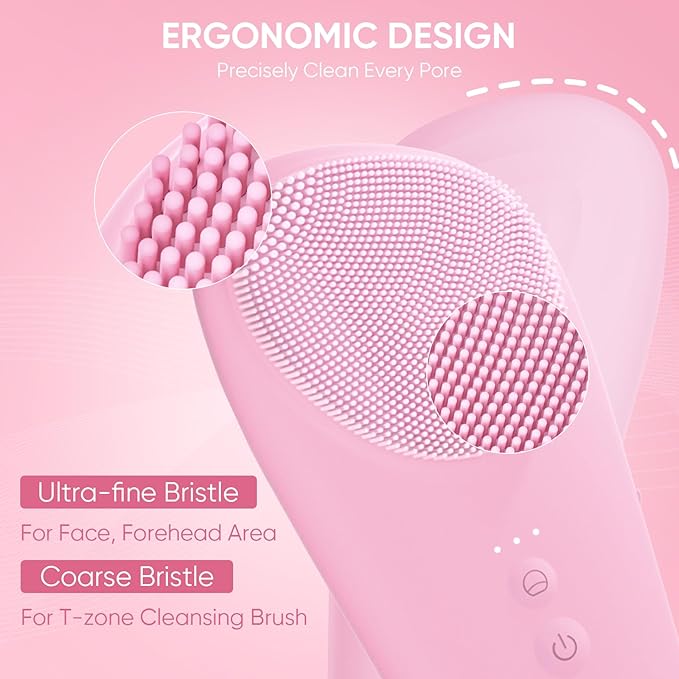 Stepcare Silicone Face Scrubber Blackhead Scraper Rechargeable 2-in-1 Facial Cleansing Brush & Skin Spatula Duo, IPX7 Waterproof Exfoliating Massager Deep Cleansing for Women and Men(Light Pink)