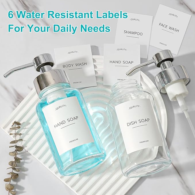 RACOBOT Foaming Soap Dispenser, 14.1 oz/400ml Foaming Hand Soap Dispenser, 2 Pack Glass Foaming Dispenser for Bathroom & Kitchen, Clear Refillable Liquid Dispenser Bottle with Waterproof Labels