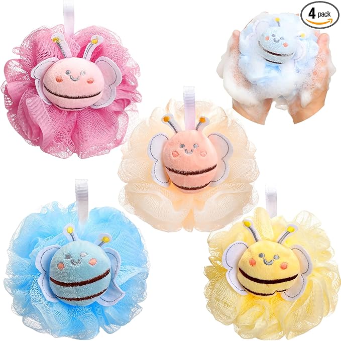 4 Pcs Bee Bath Loofah Sponge Cartoon Body Scrubber Loofah Soft Mesh Exfoliating Bath Scrubber Shower Ball for Shower Sponge Gifts Exchange Birthday Party