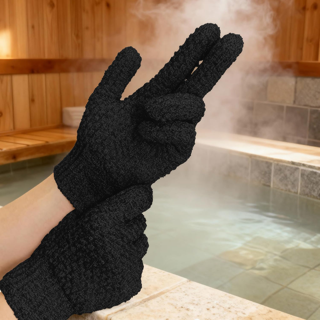Evridwear Exfoliating Dual Texture Bath Gloves for Shower, Spa, Massage and Body Scrubs, Dead Skin Cell Remover, Gloves with Hanging Loop (1 Pair Black Heavy Glove)