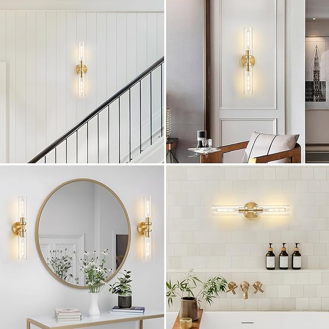 2 Light Bathroom Wall Sconce Set of 2,Modern Farmhouse Brushed Brass Gold Bathroom Light Fixture Over Mirror with Clear Glass Shade,Vanity Light for Hallway Cabinet Bedroom Stairway Porch