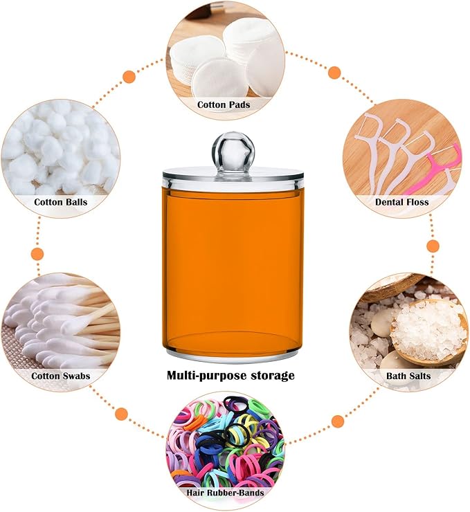 Orange Qtip Holder Organizer Dispenser Cotton Swabs Cans Plastic Jars with Lid Set 2 Pack Bathroom Storage Canister for Cotton Ball Floss Cotton Pads