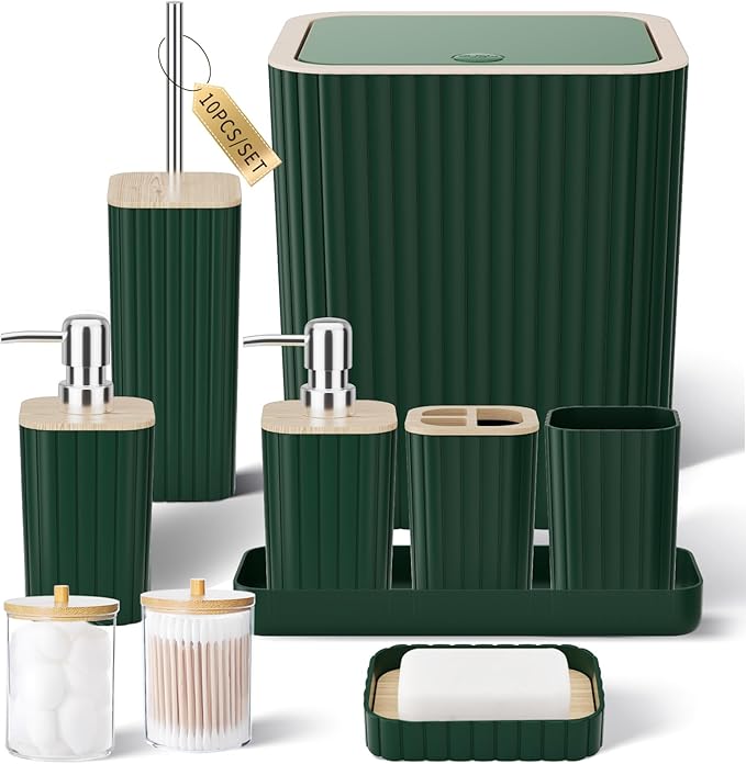 XLHOMO Bathroom Accessory Set - 25PC Green Bathroom Sets, Bathroom Set with Shower Curtain and Rugs, Dark Green Shower Curtain Set, Trash Can, Qtip Holder & Soap Dispenser