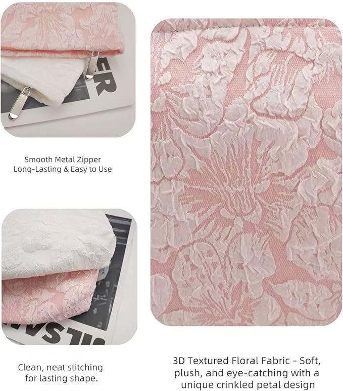 RIKMOXR 2-Pack Large Flower Makeup Bag Set - White & Pink Floral Canvas Cosmetic Organizer | Aesthetic Capacity Travel Toiletry Bag for Women (Makeup Brushes & Accessories Storage)