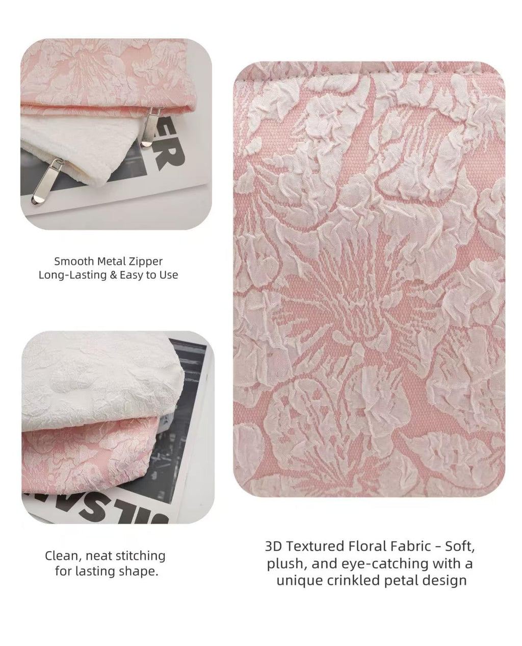 RIKMOXR 2-Pack Large Flower Makeup Bag Set - White & Pink Floral Canvas Cosmetic Organizer | Aesthetic Capacity Travel Toiletry Bag for Women (Makeup Brushes & Accessories Storage)