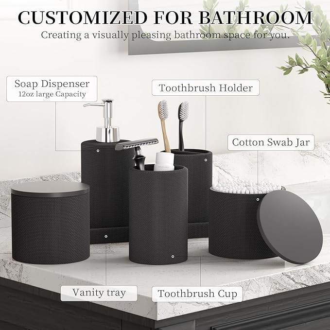 InnJoey 6-Piece Black Bathroom Set - Mesh Textured Resin Bathroom Accessories Set with Soap Dispenser, Toothbrush Holder, Cup, Vanity Tray & Apothecary Jars for Small Spaces