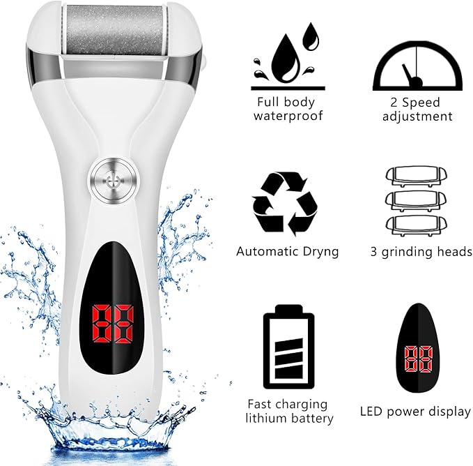Electric Foot Callus Remover Kit, Elmchee Rechargeable Callous removers 3 Grinding Heads Waterproof Foot Scrubber File, Professional Pedicure Tools kit Feet Care for Dead, Cracked Dry Skin