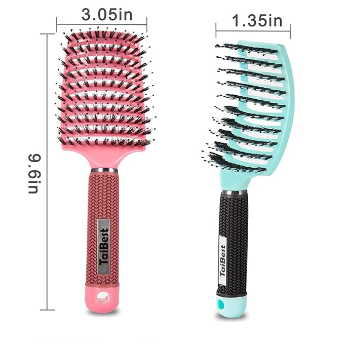 TaiBest Boar Bristle Hair Brush Set - Dry/Wet Hair Brush Detangler for Fine, Thick, Curly Hair - Curved and Vented Brush for Women, Men or Kids (Green & Apricot Pink)