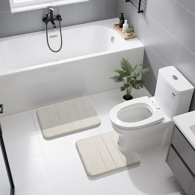 Yimobra U-Shaped Toilet Bath Mat Set 2 Piece - Soft Absorbent Quick Dry Memory Foam Bathroom Rugs, Machine Washable Non Slip Floor Carpet for Tub Shower & Single Sink (17x24 & 24x20, Cream White)